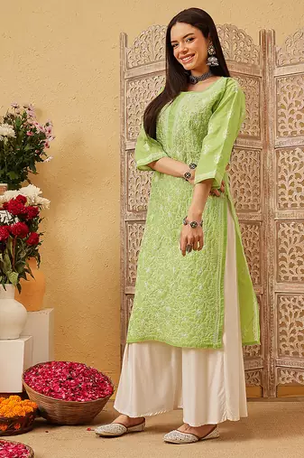 Ada hand embroidered green cotton lucknowi chikankari straight kurta
