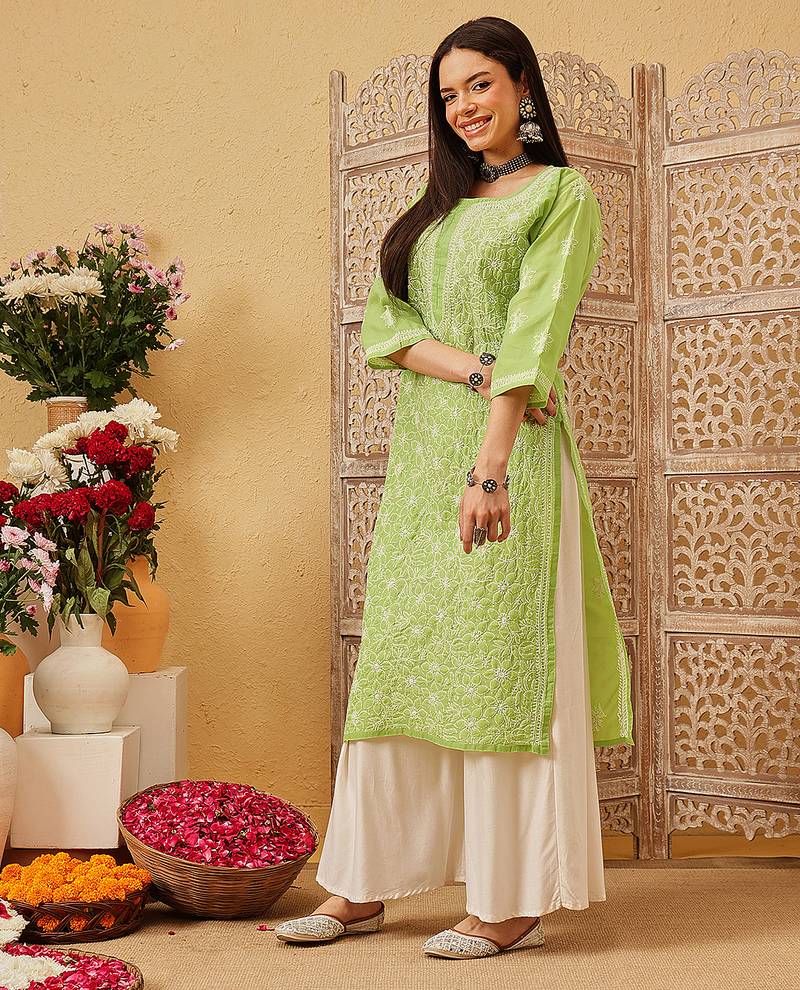 Ada hand embroidered green cotton lucknowi chikankari straight kurta