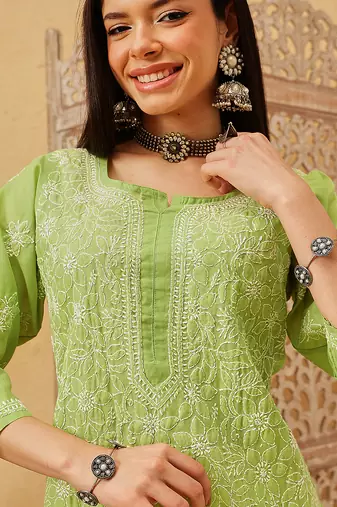 Ada hand embroidered green cotton lucknowi chikankari straight kurta