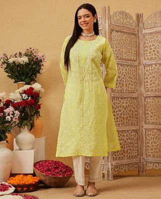Ada hand embroidered lemon yellow cotton lucknowi chikankari straight kurta 1