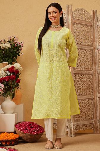Ada hand embroidered lemon yellow cotton lucknowi chikankari straight kurta