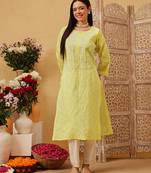Ada hand embroidered lemon yellow cotton lucknowi chikankari straight kurta