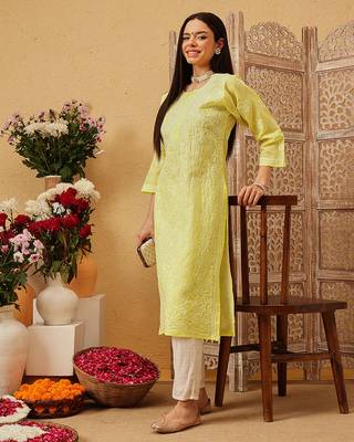 Ada hand embroidered lemon yellow cotton lucknowi chikankari straight kurta 2