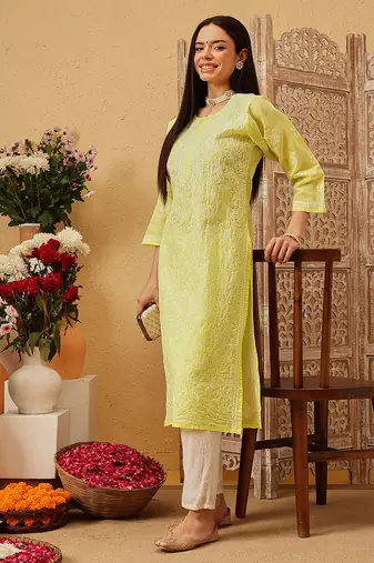 Ada hand embroidered lemon yellow cotton lucknowi chikankari straight kurta