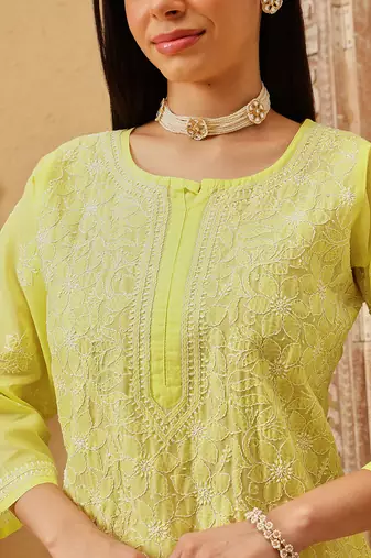 Ada hand embroidered lemon yellow cotton lucknowi chikankari straight kurta