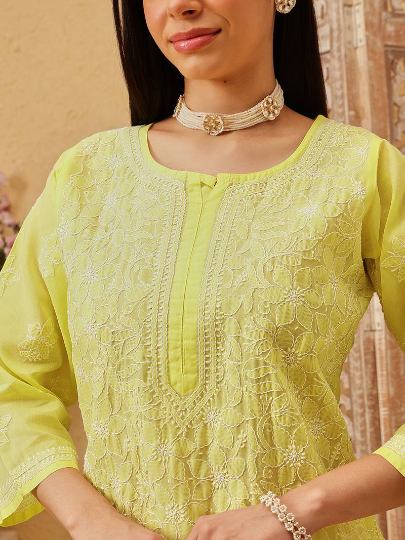 Ada hand embroidered lemon yellow cotton lucknowi chikankari straight kurta