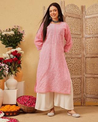 Ada hand embroidered peach cotton lucknowi chikankari straight kurta 1