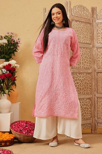 Ada hand embroidered peach cotton lucknowi chikankari straight kurta