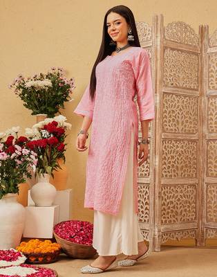Ada hand embroidered peach cotton lucknowi chikankari straight kurta 2