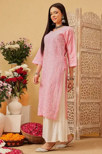 Ada hand embroidered peach cotton lucknowi chikankari straight kurta