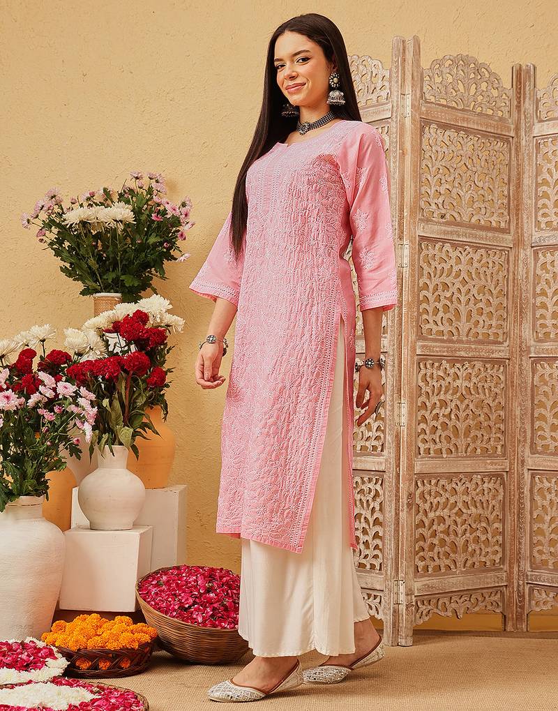 Ada hand embroidered peach cotton lucknowi chikankari straight kurta