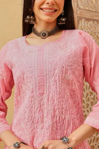 Ada hand embroidered peach cotton lucknowi chikankari straight kurta