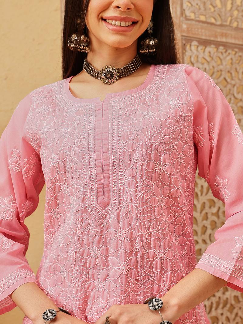 Ada hand embroidered peach cotton lucknowi chikankari straight kurta