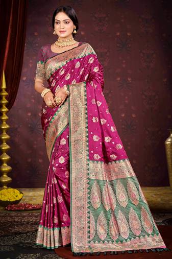 light plum satin silk woven work traditional saree
