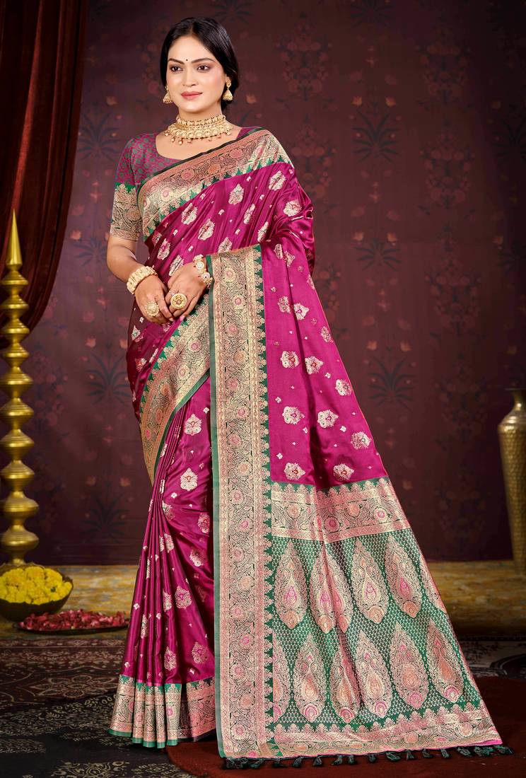 light plum satin silk woven work traditional saree