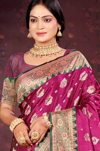 light plum satin silk woven work traditional saree