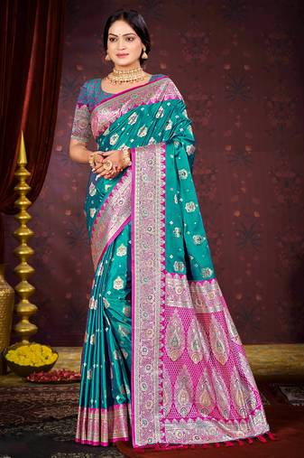 teal green satin silk woven work traditional saree