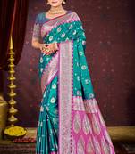 teal green satin silk woven work traditional saree