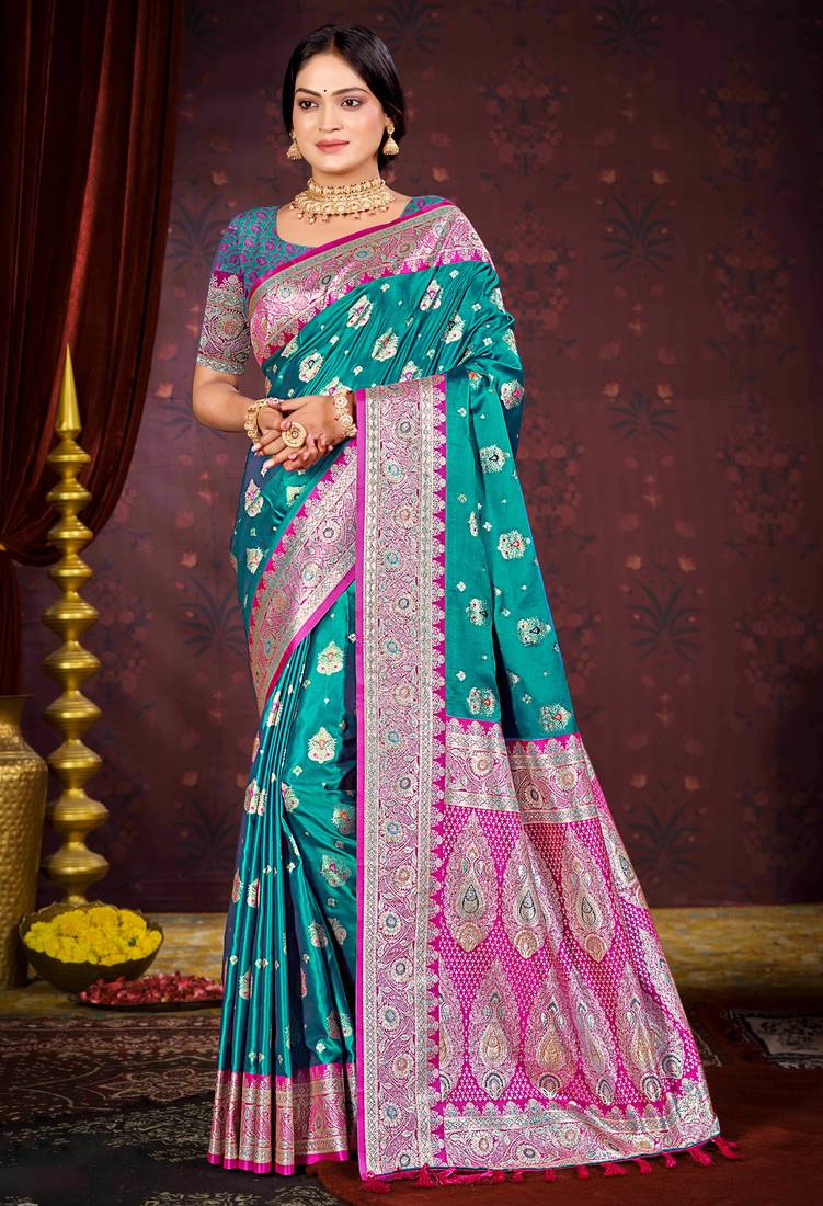 teal green satin silk woven work traditional saree
