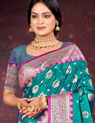 teal green satin silk woven work traditional saree 2