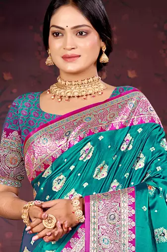 teal green satin silk woven work traditional saree