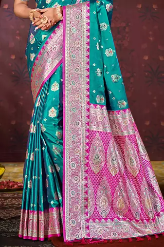 teal green satin silk woven work traditional saree