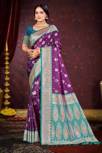 deep purple satin silk woven work traditional saree