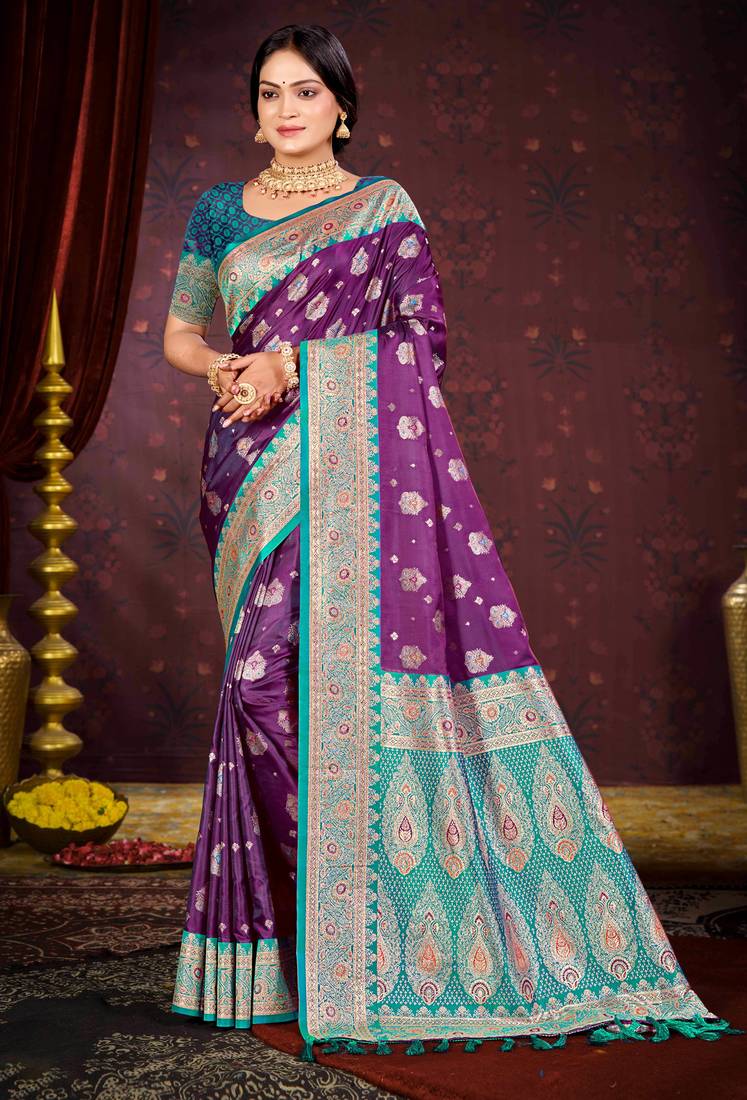 deep purple satin silk woven work traditional saree