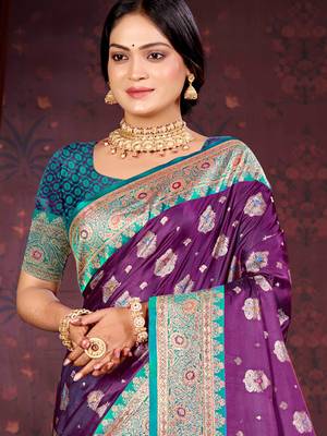deep purple satin silk woven work traditional saree 2
