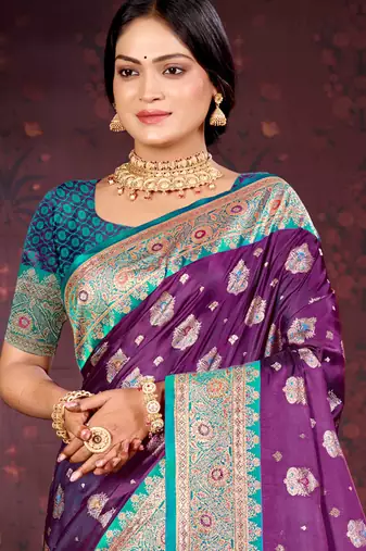 deep purple satin silk woven work traditional saree