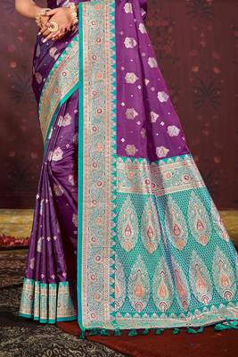 deep purple satin silk woven work traditional saree 3