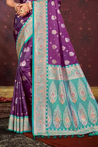 deep purple satin silk woven work traditional saree
