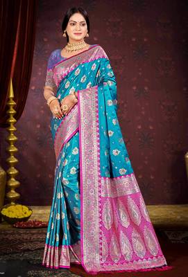 teal blue satin silk woven work traditional saree 1