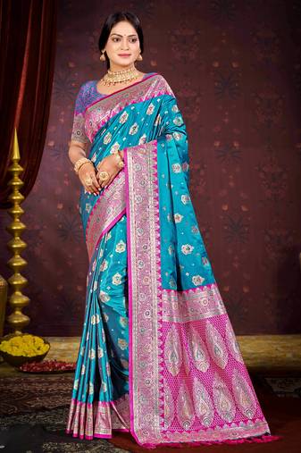 teal blue satin silk woven work traditional saree