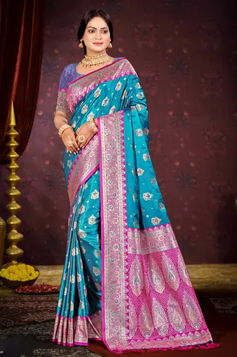 teal blue satin silk woven work traditional saree