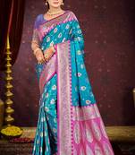 teal blue satin silk woven work traditional saree