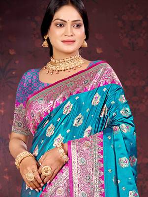 teal blue satin silk woven work traditional saree 2