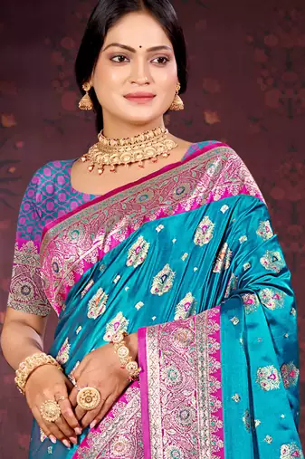 teal blue satin silk woven work traditional saree