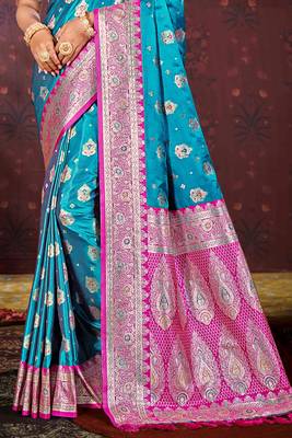 teal blue satin silk woven work traditional saree 3