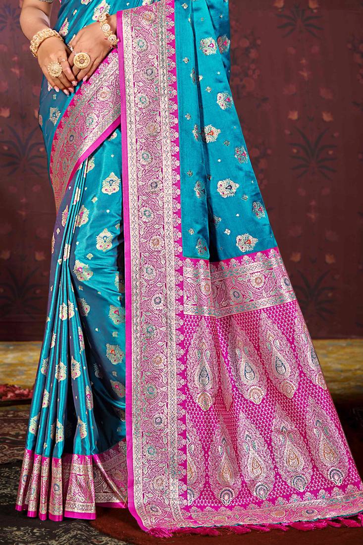 teal blue satin silk woven work traditional saree