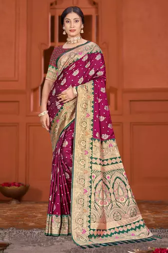 light plum satin silk woven work traditional saree
