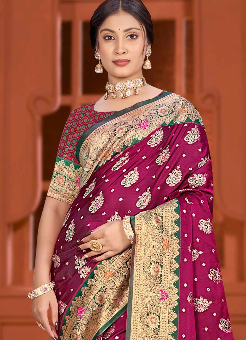 light plum satin silk woven work traditional saree