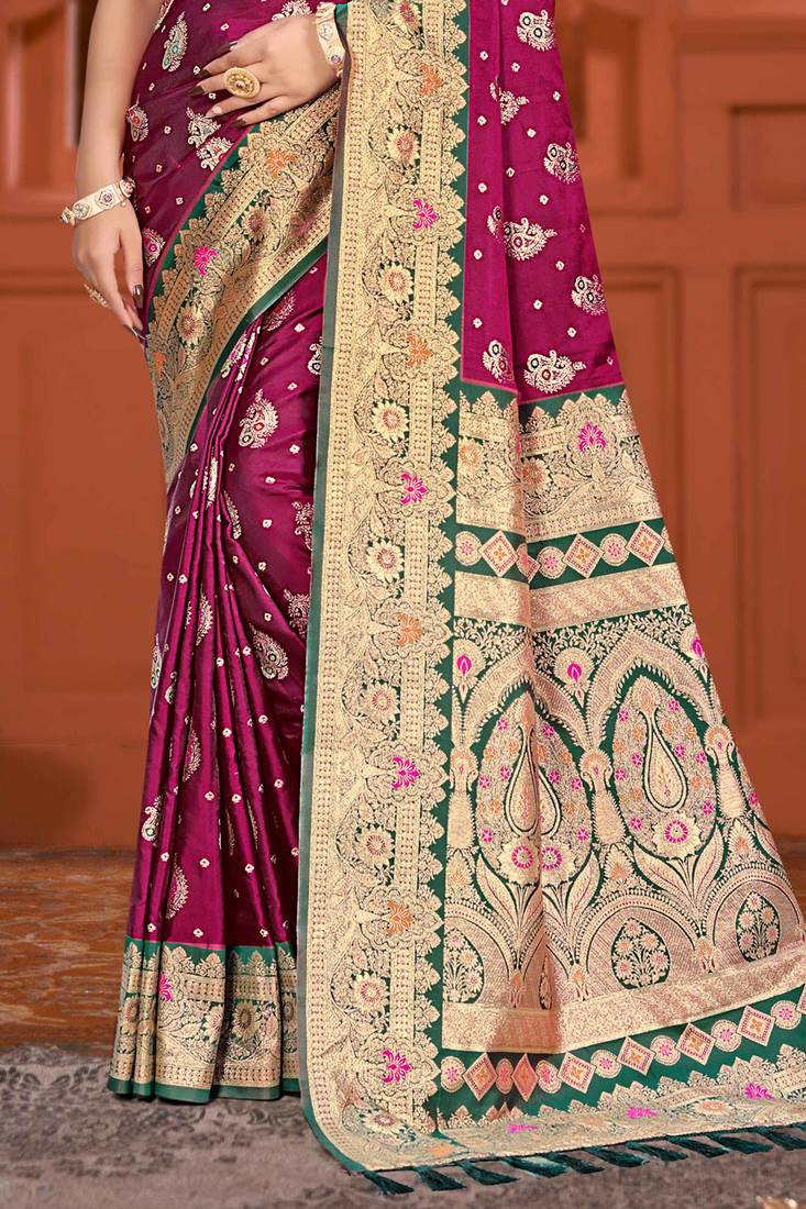 light plum satin silk woven work traditional saree