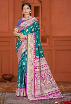 teal green satin silk woven work traditional saree 1