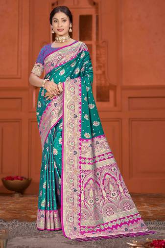 teal green satin silk woven work traditional saree