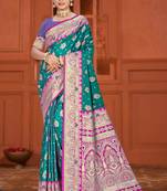 teal green satin silk woven work traditional saree