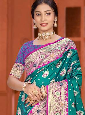 teal green satin silk woven work traditional saree 2