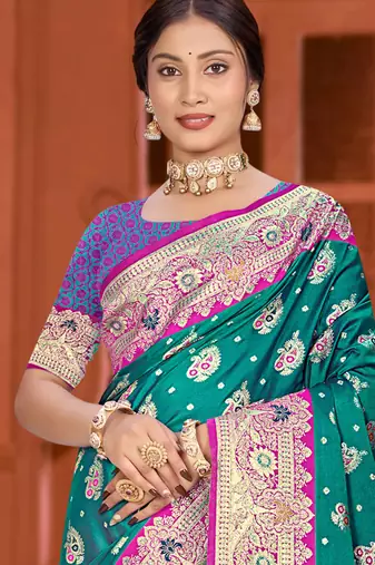 teal green satin silk woven work traditional saree
