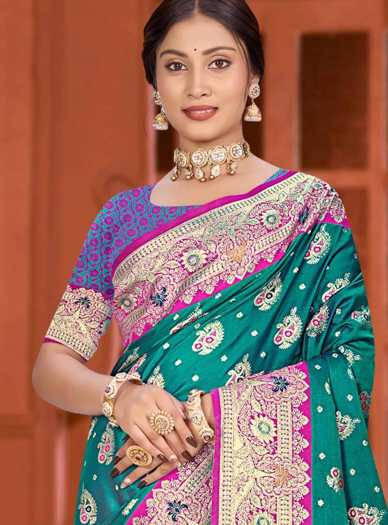 teal green satin silk woven work traditional saree