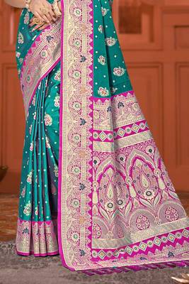 teal green satin silk woven work traditional saree 3
